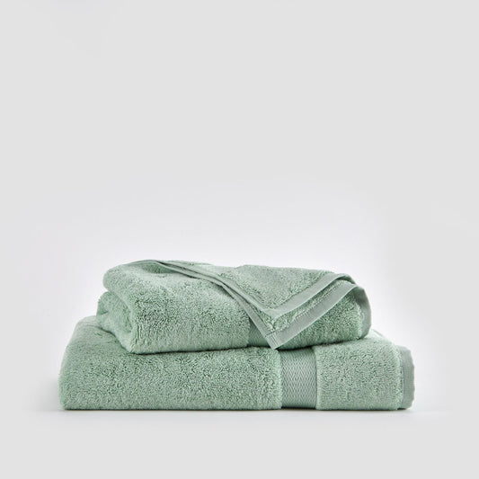 Alba bamboo towel set in light green stacked, including face, hand and bath towels