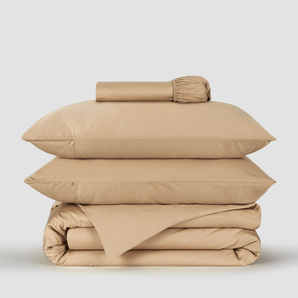 Bege Areia - Jogo Capa de Edredão roupa de cama bege bambu by Momo Cotton – tecido de cetim 300 fios, suave, respirável e sustentável.