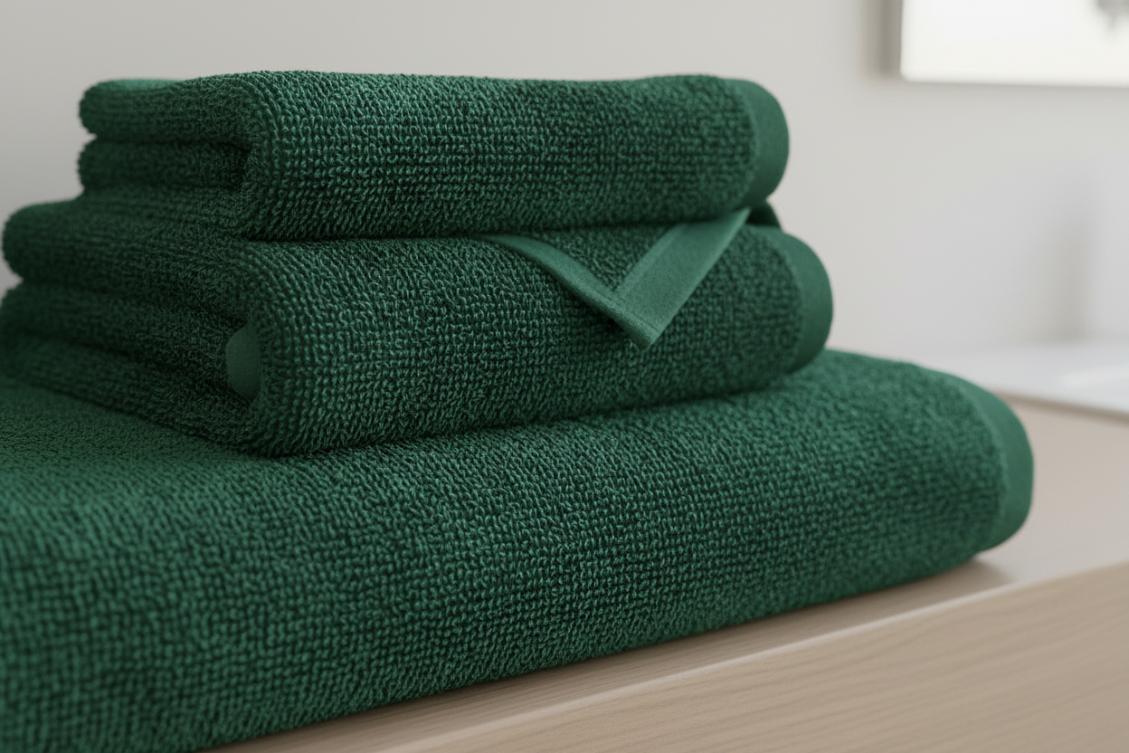 Close-up of green towels in bathroom
