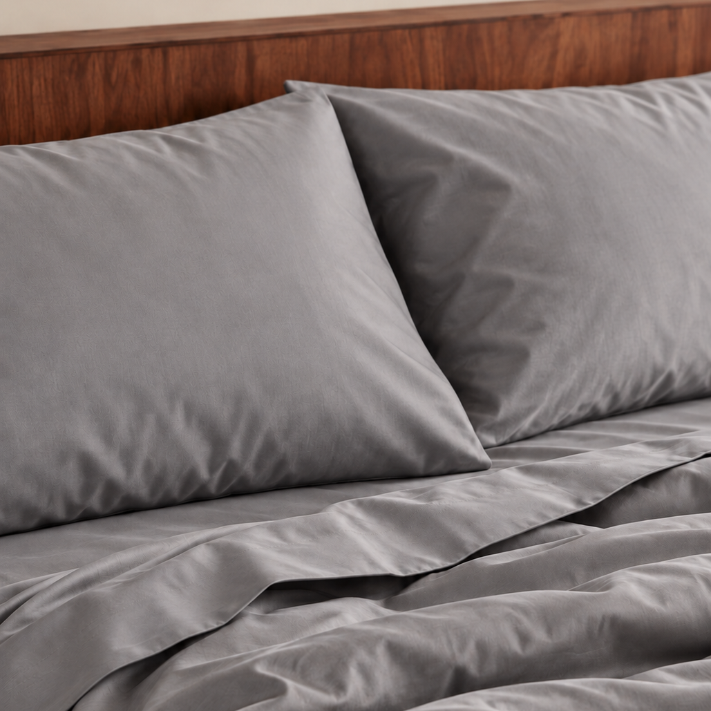 Gray top sheet on wooden bed with pillows, featuring thermoregulating bamboo fabric.