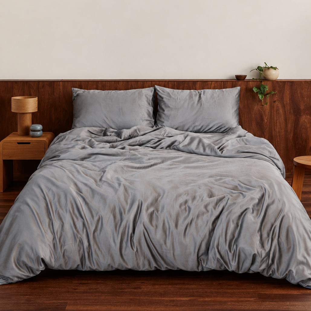 100% bamboo grey duvet cover set on wooden bed with matching pillows